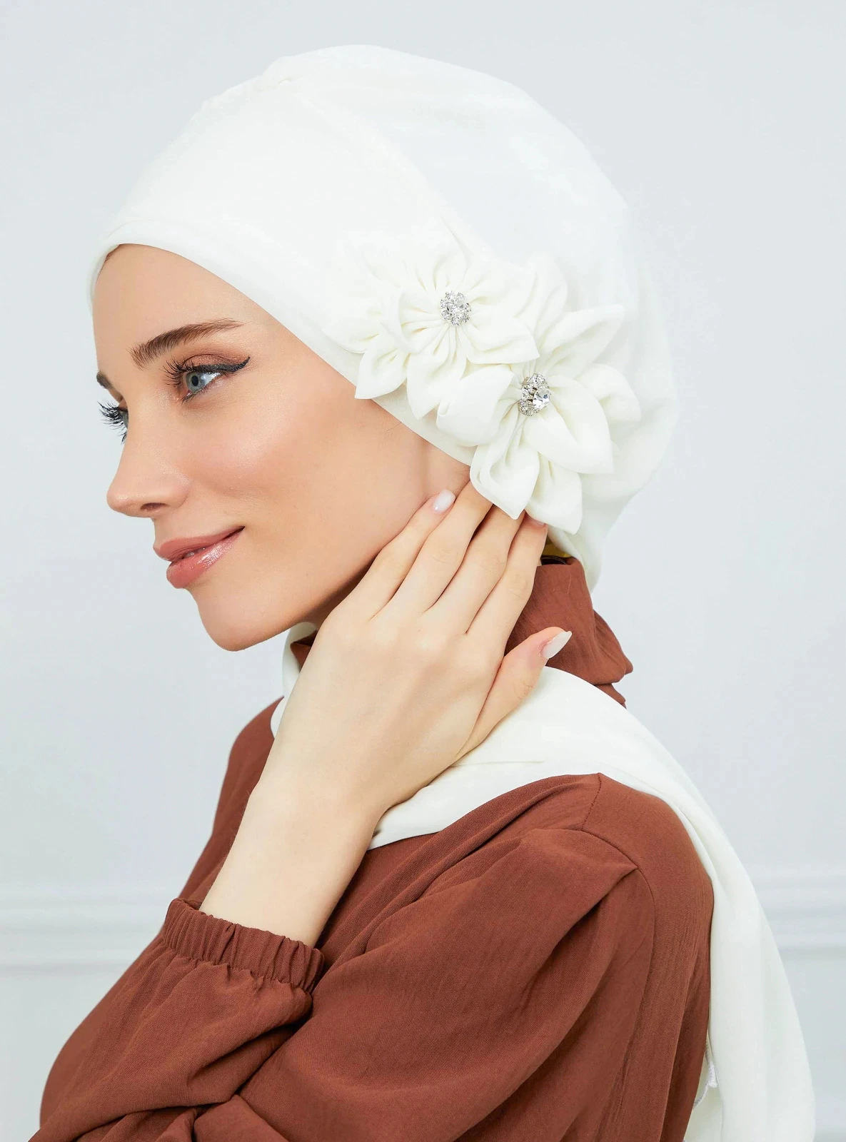 Turkish pince fashionable luxurious elegant flower cap for muslim women hijab soie de medine par lot