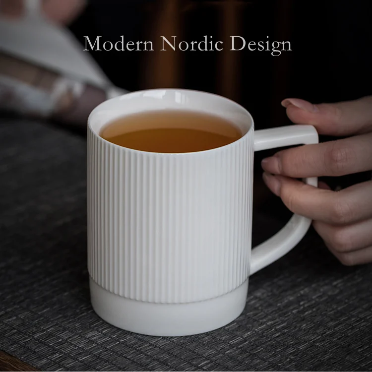Wholesale Unique Striped Jade White Ceramic Tea Latte Coffee 11oz Porcelain Cup Luxury