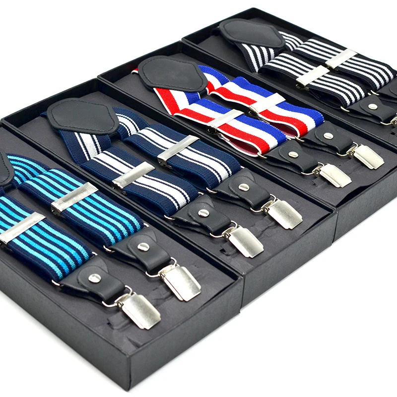 Stripe Suspenders Pants Men Elastic Y Shape Braces 4 Clips Suspender Belt 3.5*120cm Navy Suspender Male Red Black