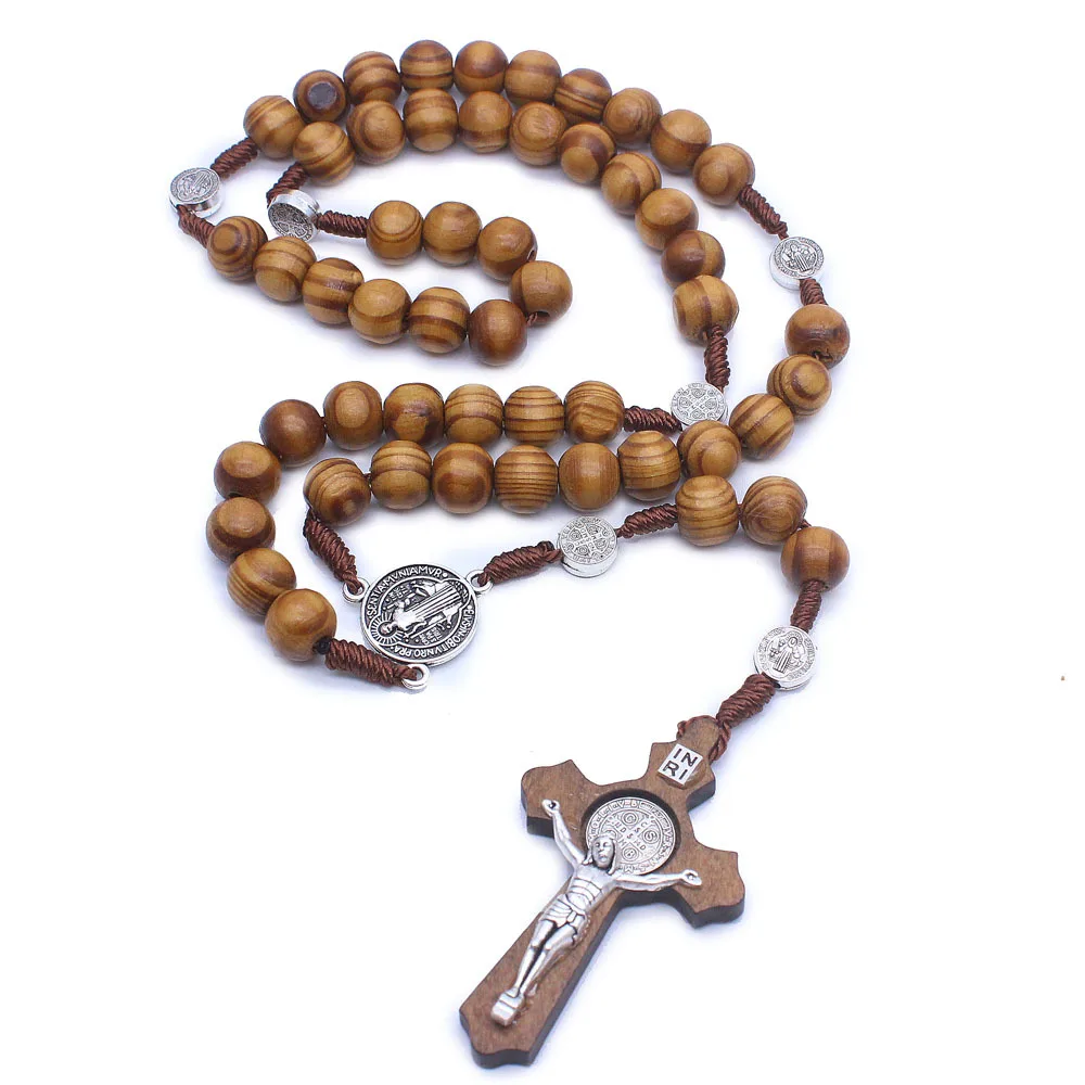 Catholic Rosary Round Wooden  Bead Handmade Line Christian Vintage Cross Ornament Rosary Necklace