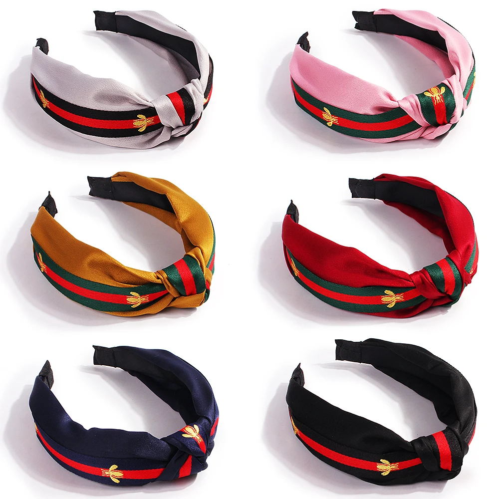 Gold Honeybee Print Knotted Wide Headband Head Wrap Hair Band Head Hoop Striped Ribbon Hair Decoration