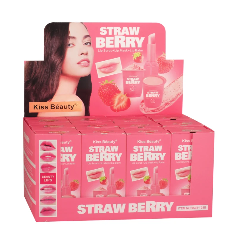 3 in 1 Lip Care Set Lip Scrub Remove Dead Skin Brighten Strawberry Lip Balm Moisturizing