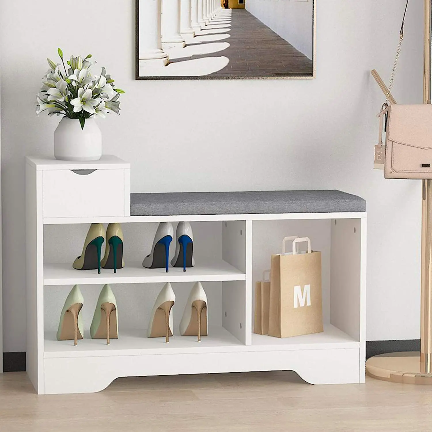  Shoe Storage Benches with Cushion Seating White Rack Bench Entryway Organizer Bedroom Dining Room