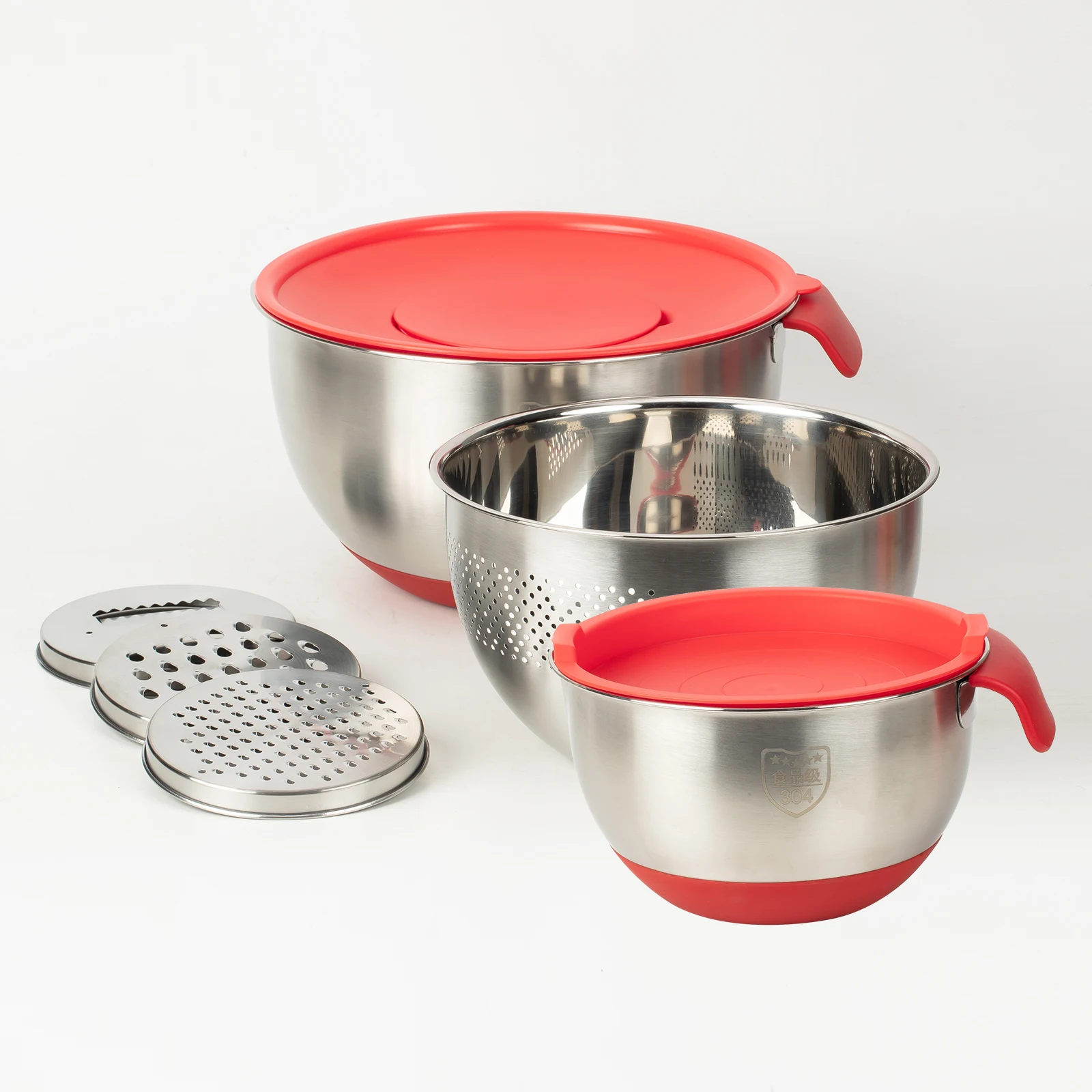 Multi-functional Stainless Steel Mixing Bowls with Lids Set Non-Skid Bottom Handles Nesting Serving Bowl Metal Bakeware