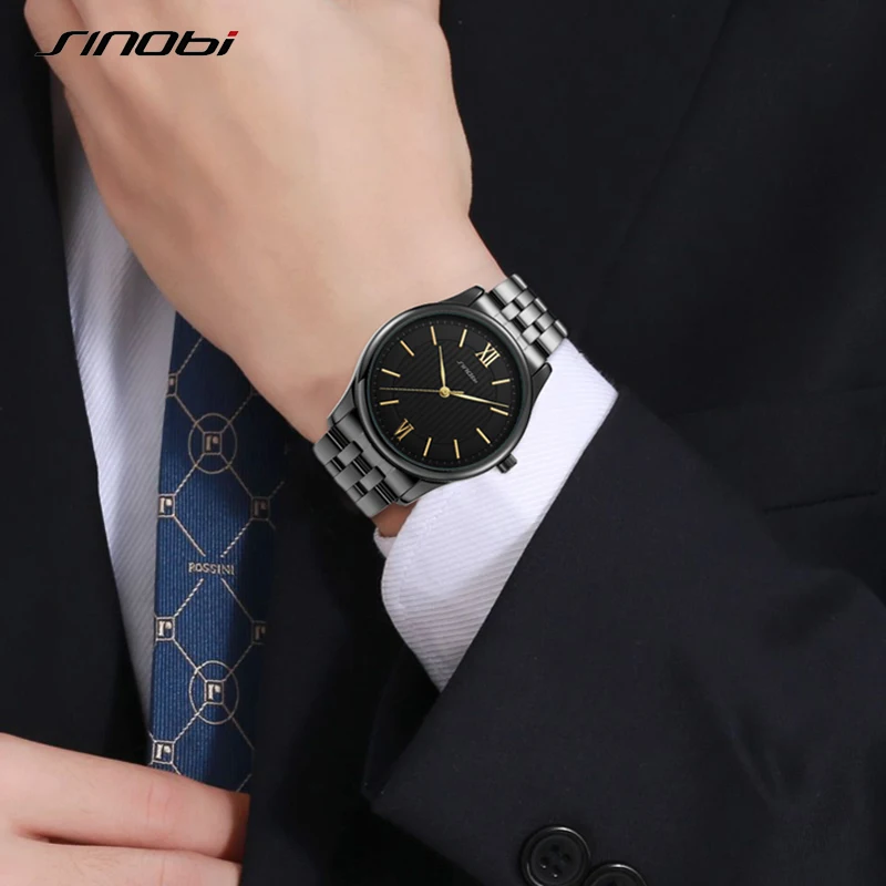 SINOBI Quality Business Watch Luxury Stainless Steel Watches Men Gold Golden Wristwatch S9833G Relogio Masculino Mens Watch Sets