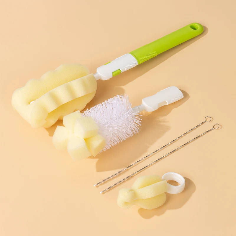 Multi-Fountion  6 Piece Baby Products 360 Degree Baby Feeding Bottle Cleaning Sponge Brush Kit