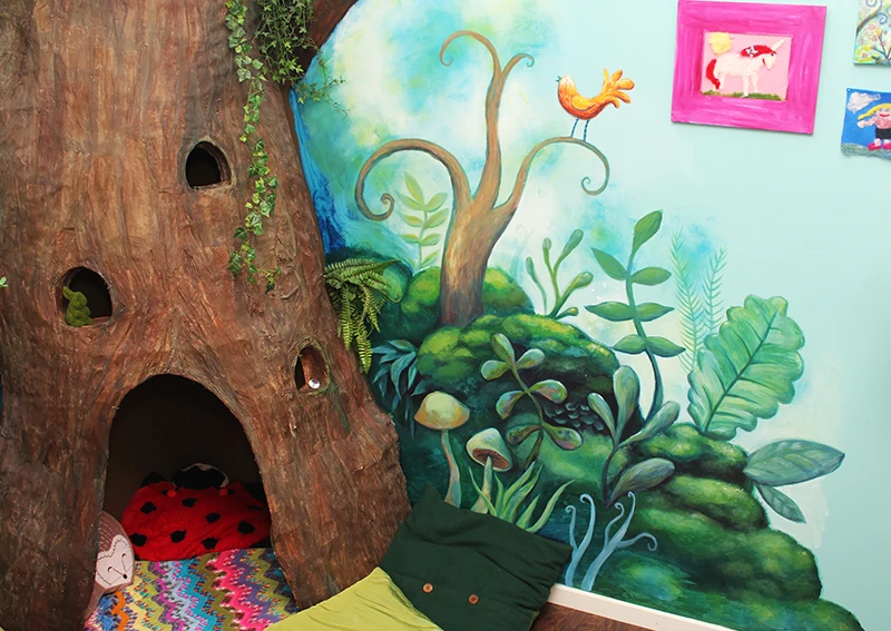 Stylized indoor or outdoor kid amusement park artificial plastic fiberglass wooden tree house