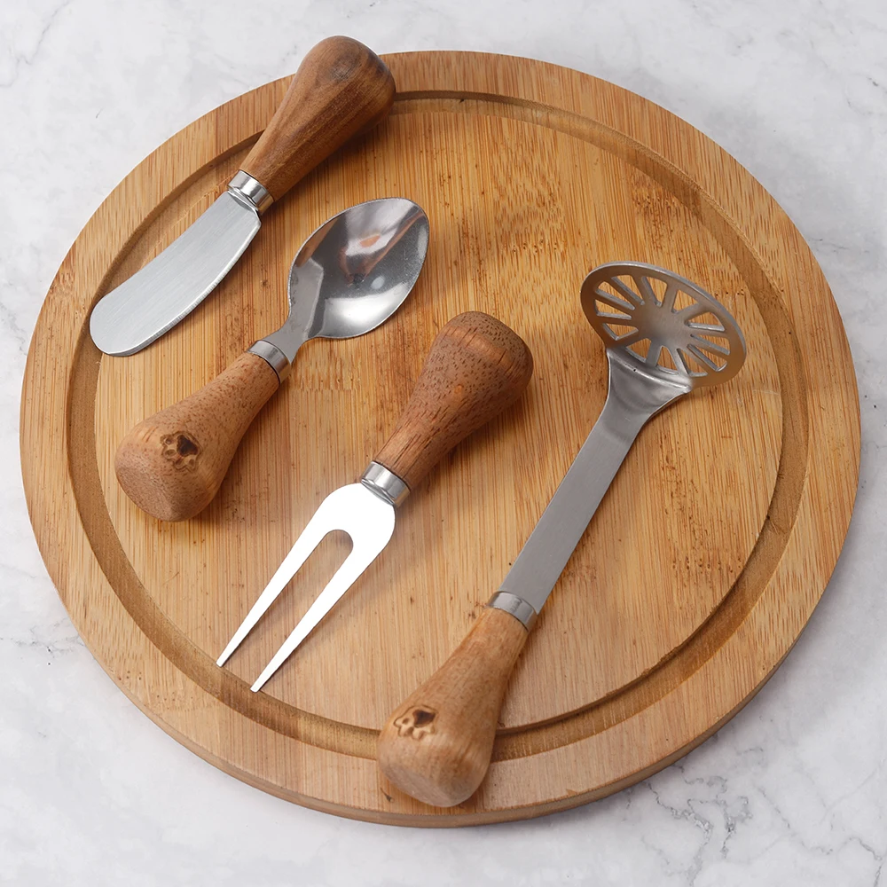 4 pcs custom logo stainless steel acacia cheese knife spreader set with wooden handle