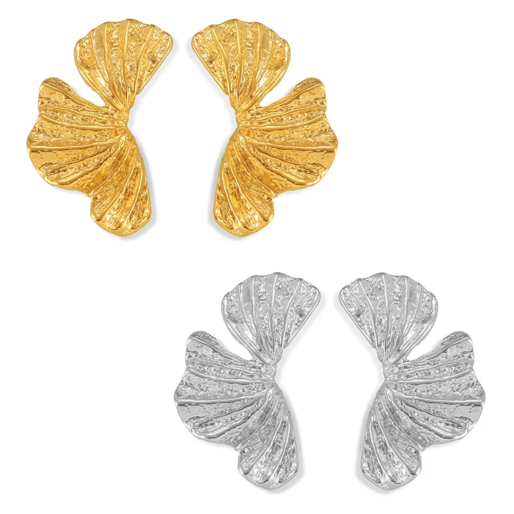 Landy Wholesale 18K Gold Plated Stainless Steel Large Ginkgo Leaf Flower Funky Stud Earrings