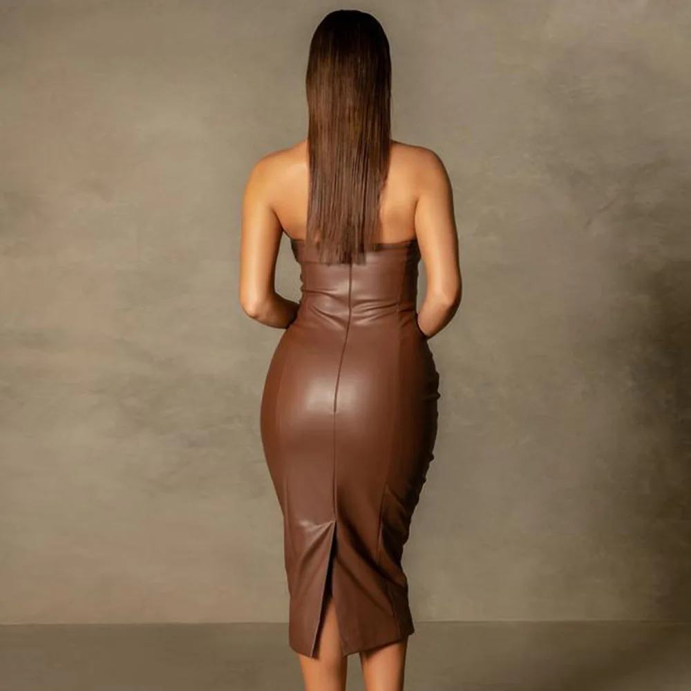 High Quality Strapless Stretch PU Bodycon Dress Sexy Midi Back Slit Black Chocolate Solid Elegant Outfit Party Leather Dress