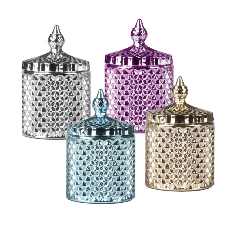 Embossed Geo Cut Glass Candle Jar with Domed Lid Cute Clear Candy Storage Jar Luxury Glass Container Wholesale
