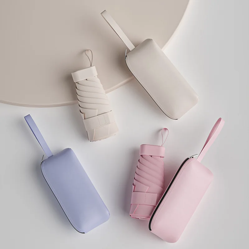 UV protection umbrellas with leather zipper bag , custom 6 folding Sunny umbrella with logo for girls