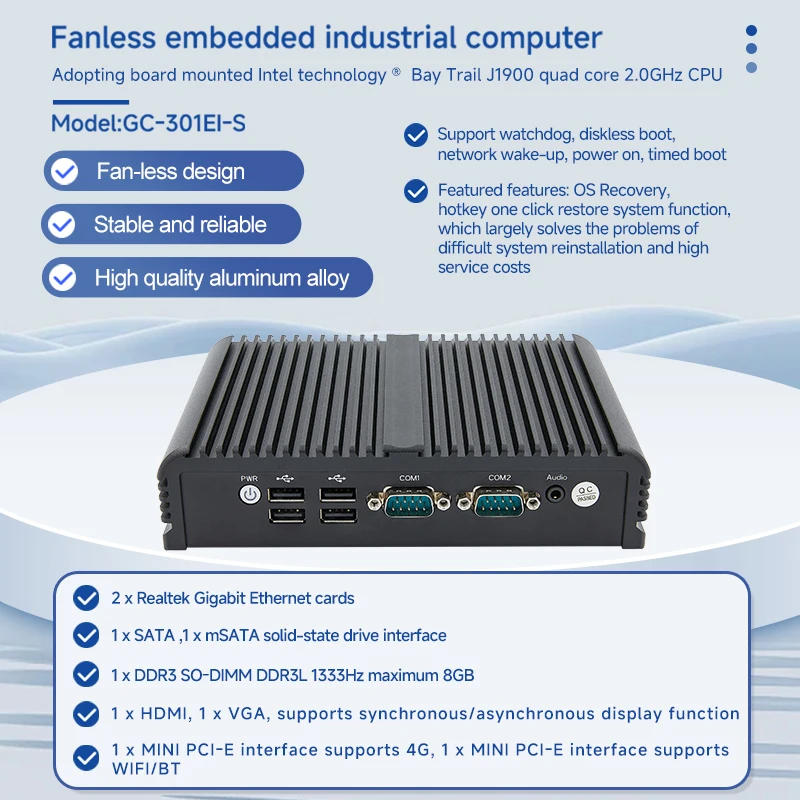 Безвентиляторный Nano PC J1900 N3 четырехъядерный DC 12 В 1COM двойной монитор Мини ПК 2 * RJ45 COM поддержка 4G