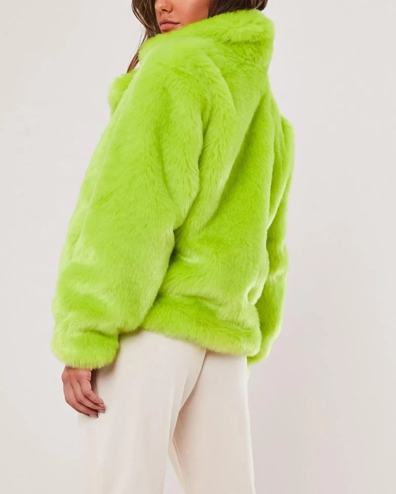 Custom color women thick winter jacket warm fleece neon green faux fur coat