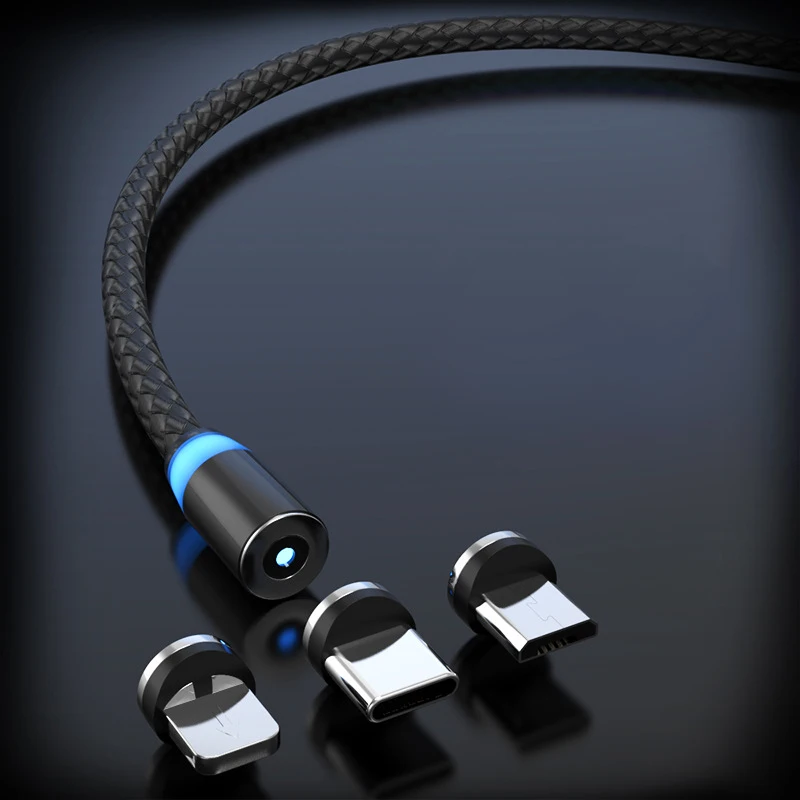 High Quality 3 In 1 Nylon Braided Glow Rotating Metal  Magnetic Cable 1M 3-In-1 Rotate Fast Charging Usb Cable Charger Cables
