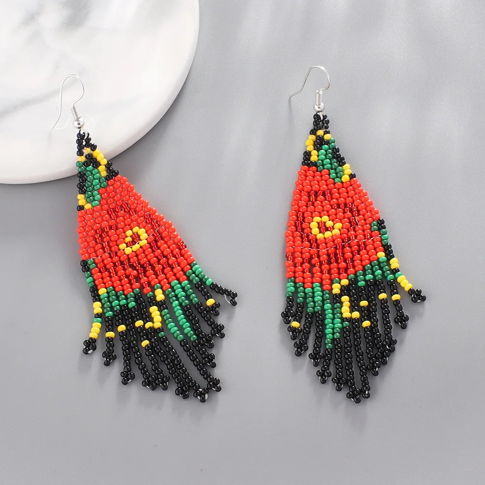 Black Blue Red Beaded Fringe Earrings Beadwork Long Rose Earring Dangle Boho Jewelry