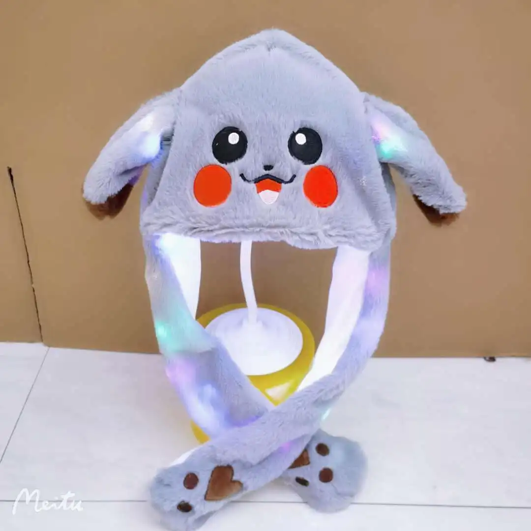 Pikachu Bunny hat cartoon stuffed animal toy Ear Move Glowing rabbit cap Led Light Jumping Funny Cosplay Party Holiday