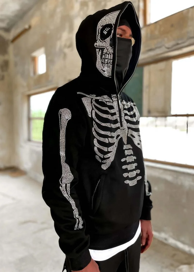 Custom OEM Y2K Hoodie Sweatshirts For Men Loose Skull Hot Drill Printing Long-sleeved Hooded Sweatshirt Pullover Jacket Male