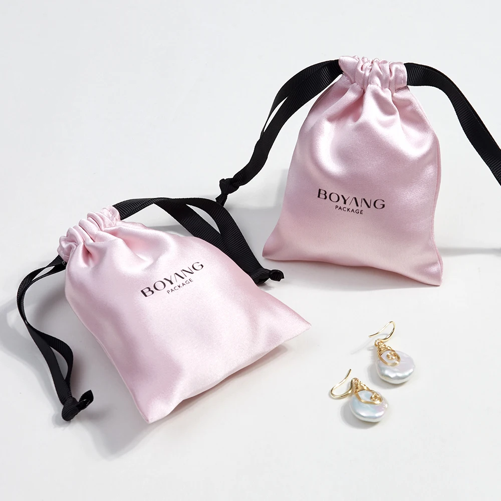 Boyang Wholesale Small Drawstring Pink Silk Satin Jewelry Pouch Bag Custom Logo