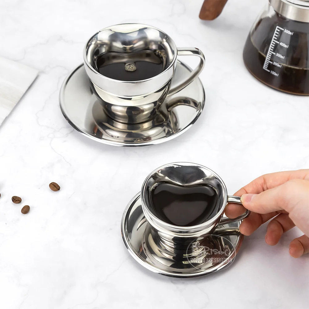 Italy Coffee Cup Set Expresso Shot Glass 18/8 Stainless Steel Double Wall Tea Sets Insulated Coffee Mug Cup With Dish Plate