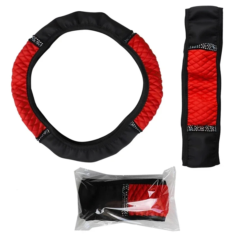 Universal Car Steering Wheel Cover 37-38cm Leather Embroidered Color Diamond-Studded Elastic Four Seasons