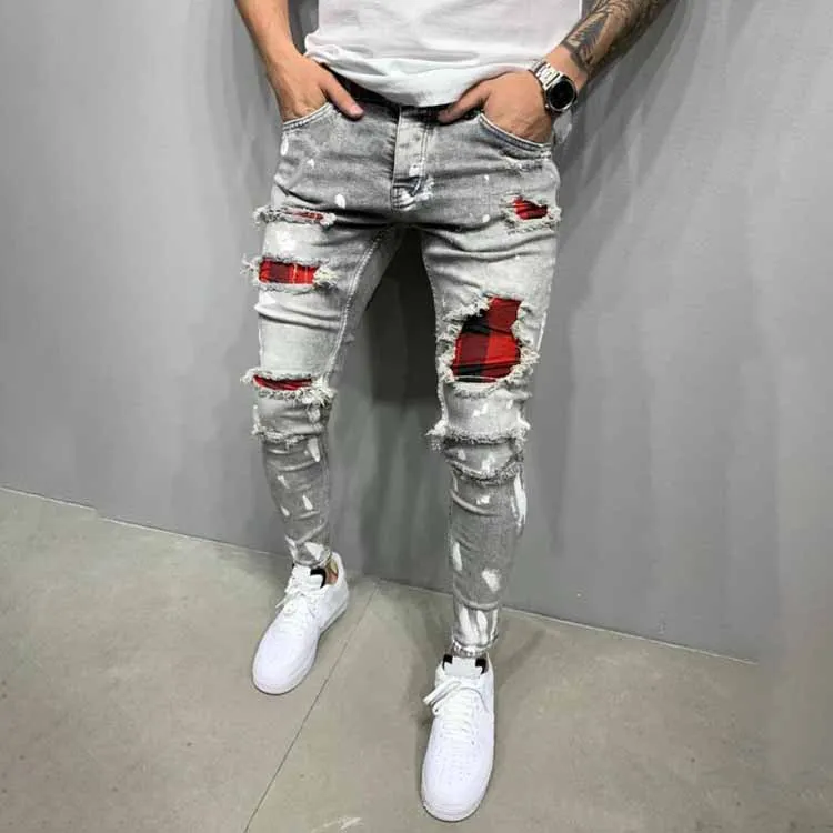 Джинсы мужские рваные в клетку со средней посадкой, уличная одежда из денима, брюки из денима в стиле пэчворк