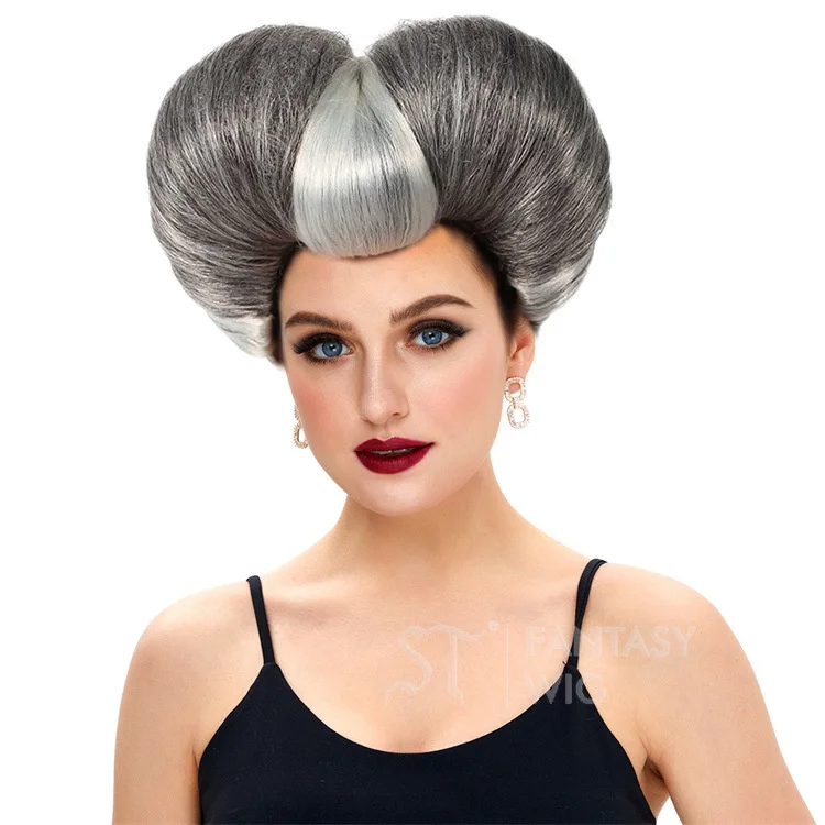 Colored Synthetic Wig Evil Stepmother Grey Black Short 12inch High Temperature Hair Fiber Wig For Women