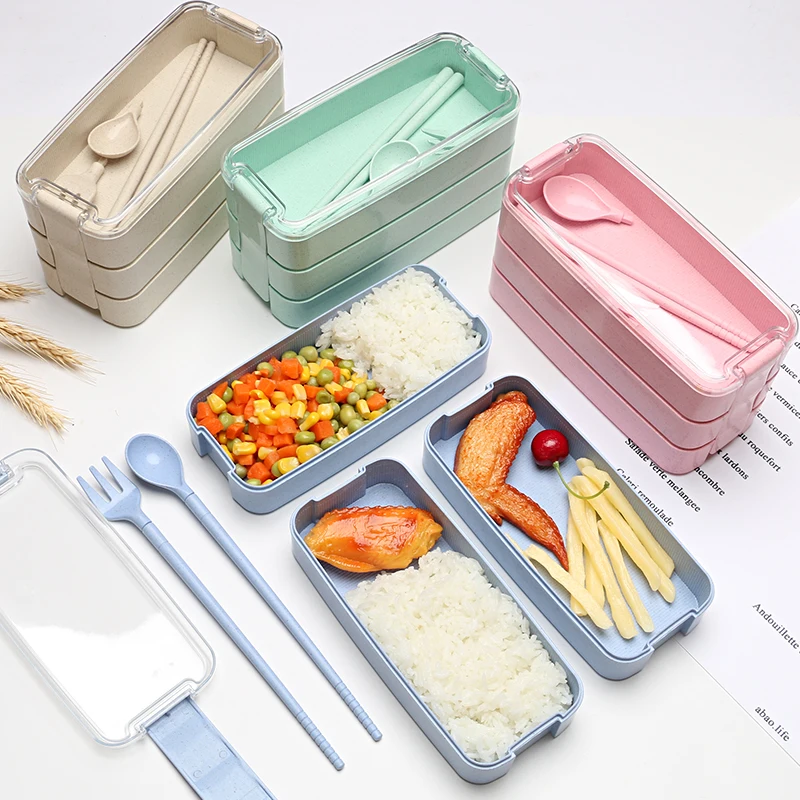 Amazon Hot Sell Wheat Straw Stackable 3 Layer Lunch Box Eco-Friendly Bento Box