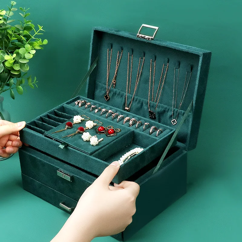 3 Layer Green Velvet Jewelry Organizer Box with Lock for Women Jewellery Storage Case Rings Necklace Earrings Bracelet Display