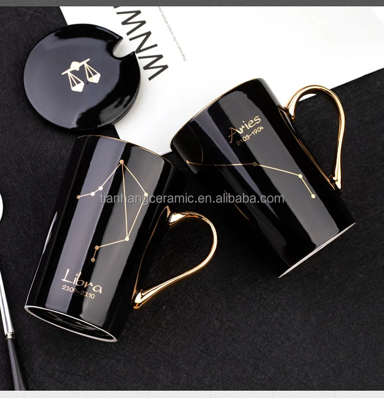Cheap Price  White Black 12 Constellations Gold Pattern Ceramic Coffee Mug With Lid Spoon And Gold Handle For Souvenir.jpg