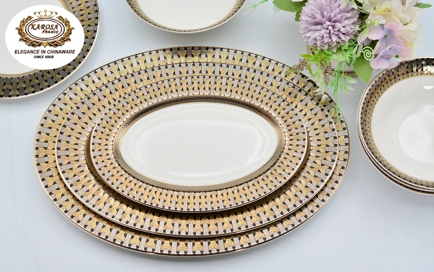 karosa 56pcs luxury embossed gold with silver design royal style bone china porcelain tableware dinnerware dinner sets