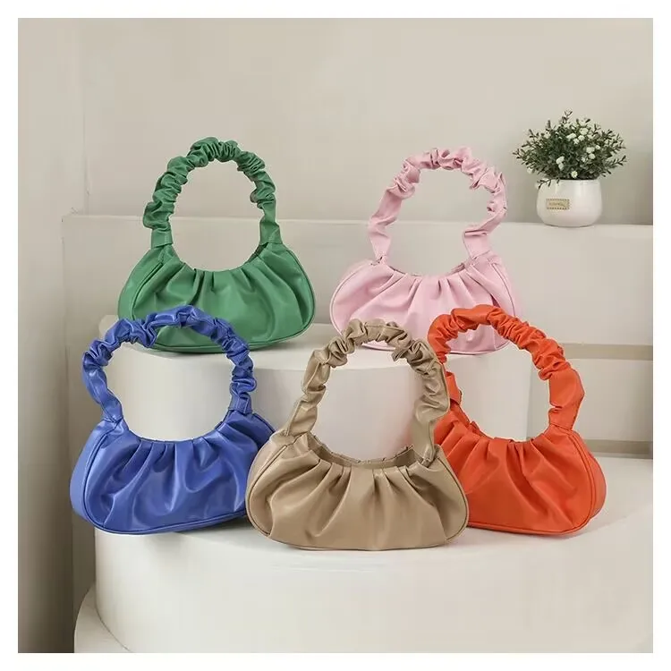 Fashion Girl Purses Square Bags Vintage Pleated Pu Leather Women Small Handbags Solid Color Crossbody Wrinkle Cloud Bag