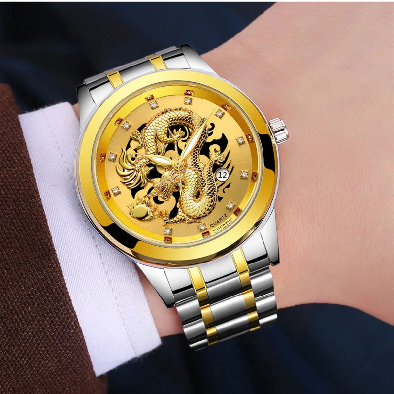 High Quality 3BAR Water Proof Ultra Thin Steel Strip Wrist Watch Gold Dragon Phoenix luxurious Couple Watches With Calendar