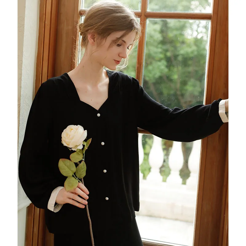 Soyal Spring Fall Satin Drill Lounge Wear Pajamas Set, Autumn Luxury Collarless Long Sleeve Women Pajamas Suit