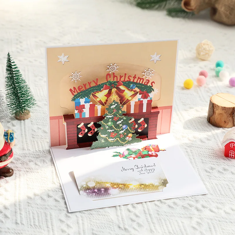 Wholesale New Design Pop Up Christmas Greeting Gift Cards Christmas Tree paper Greeting Card with envelop and individual opp bag