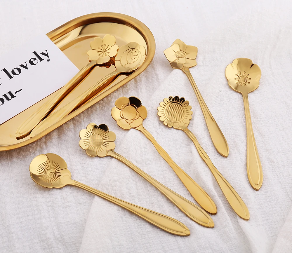 
Eco-friendly Steel Coffee Spoon gold Cutlery Flower Dessert Spoon Ice Cream Tableware 
