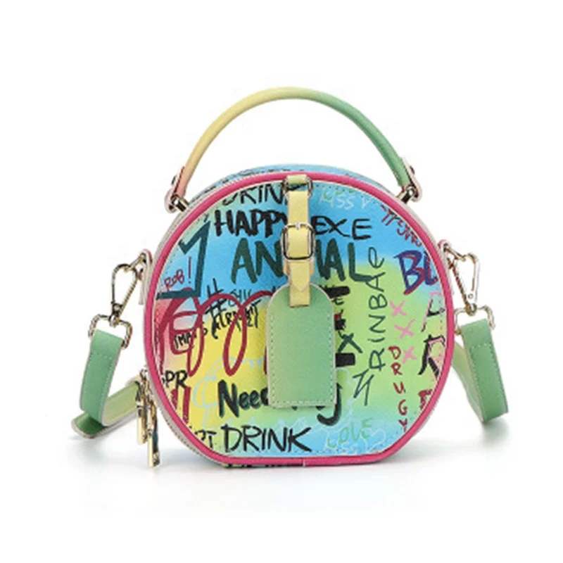 China Wholesale Trendy New colorful printed circle shape handbags  women fashion  Graffiti Printed purses