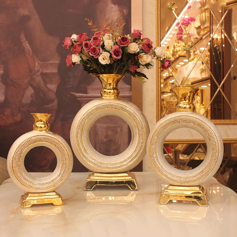 luxury bling diamond rim ceramic vases with gold pedestal black donut shape porcelain flower vase for hotel wedding KTV decor