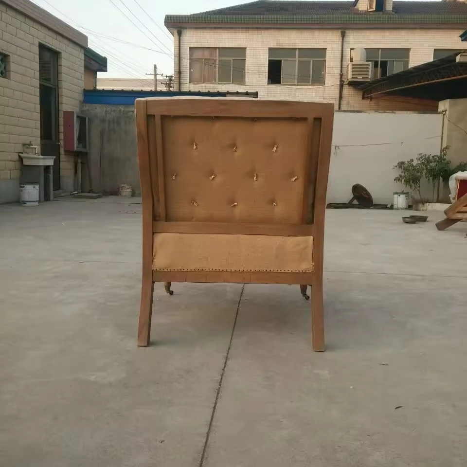 French country style oak wood frame linen upholstery leisure chair retro tufted arm chair wooden furniture for living room