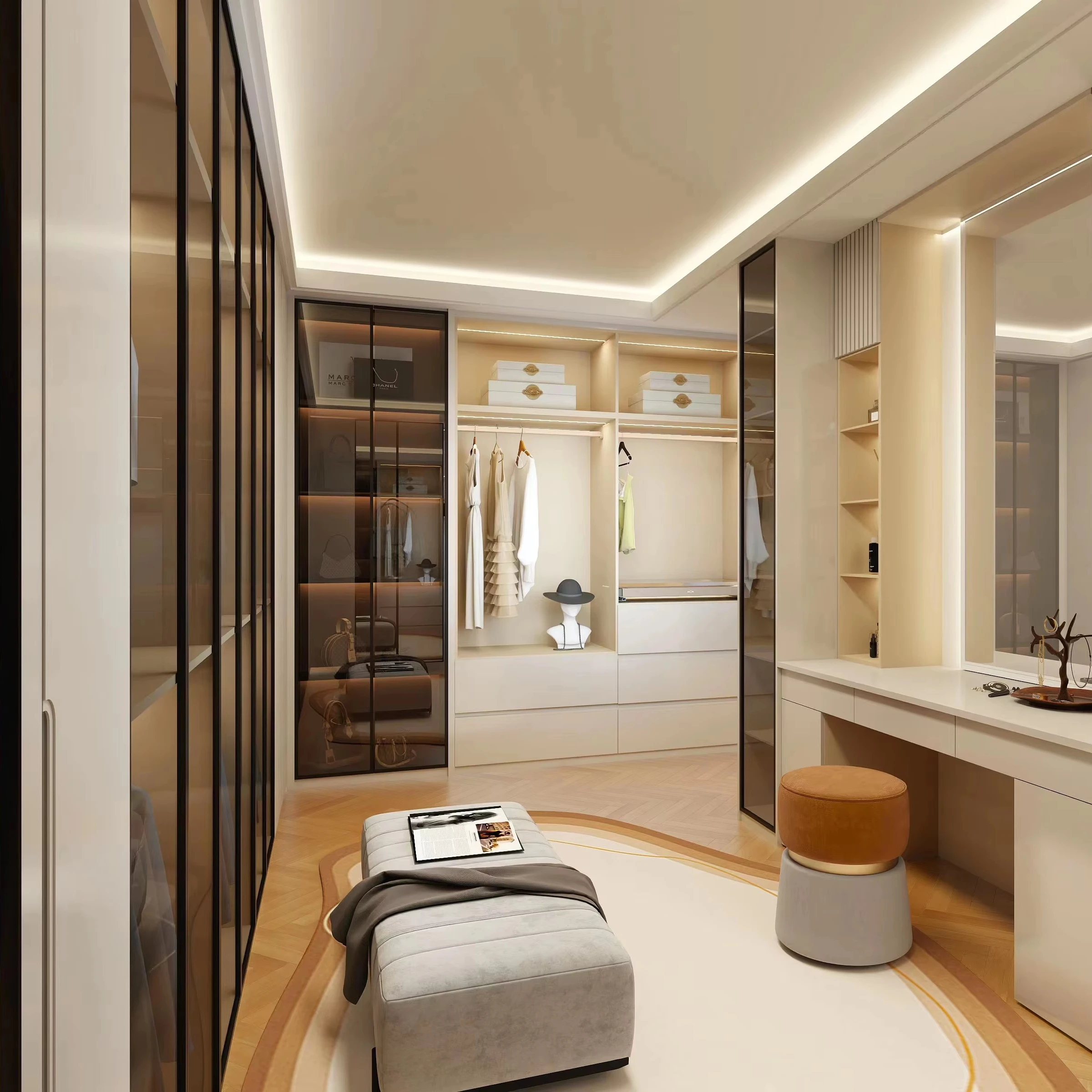 Modern luxury villa home bedroom cloakroom modular open walk in glass door solid wood design custom wardrobe