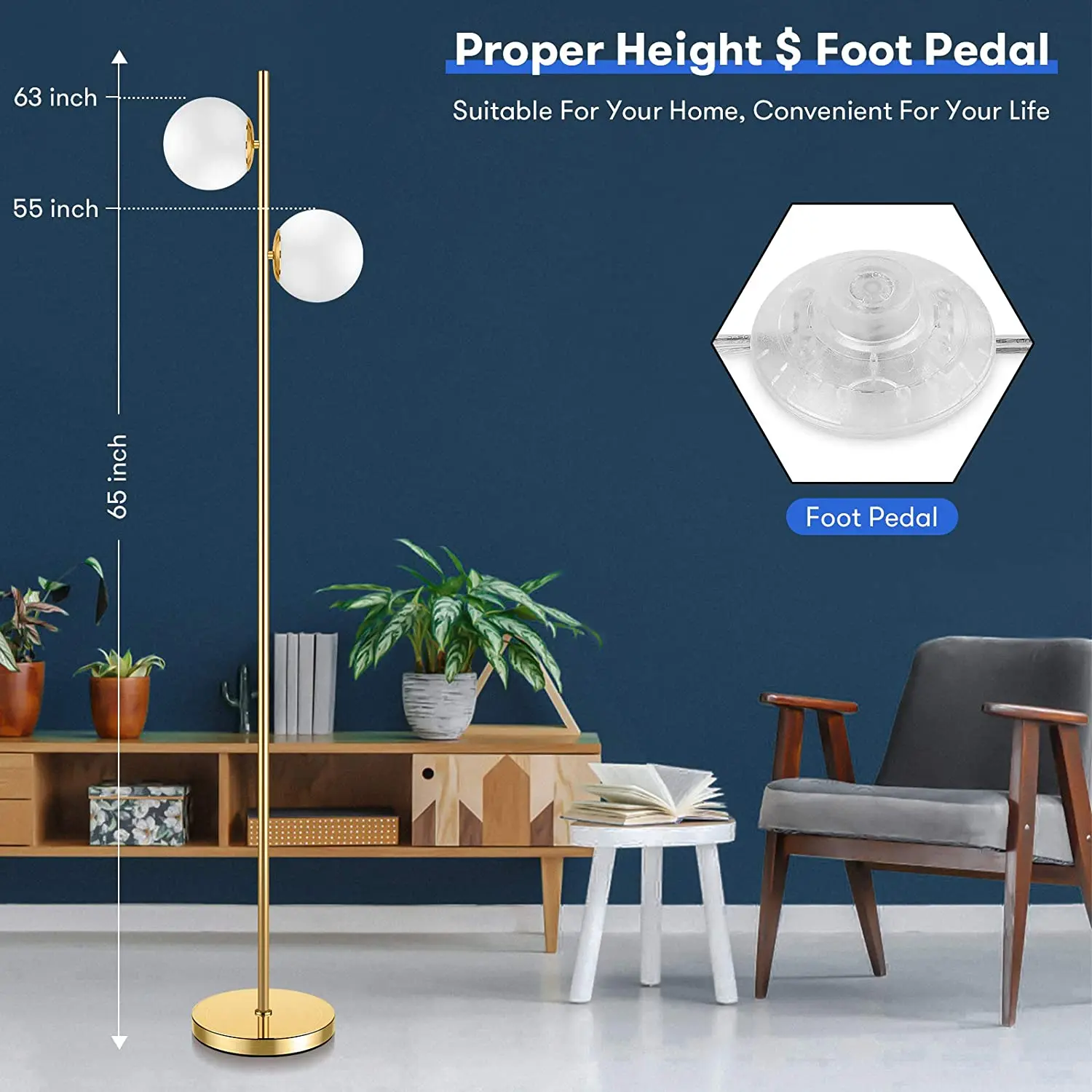 Mid Century Modern 2 Frosted Glass Globe Floor Lamp for Living Room Contemporary LED Standing Light