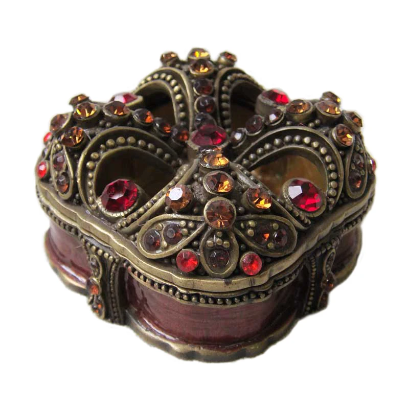 Square Antique Brass Red Jeweled Crown Design Metal Zinc Alloy Jewelry Trinket Box