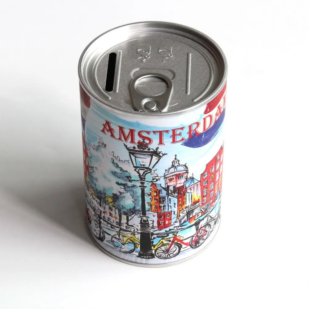 Wholesale custom logo Amsterdam Holland tourist souvenir novelty smart tin can piggy bank coin bank