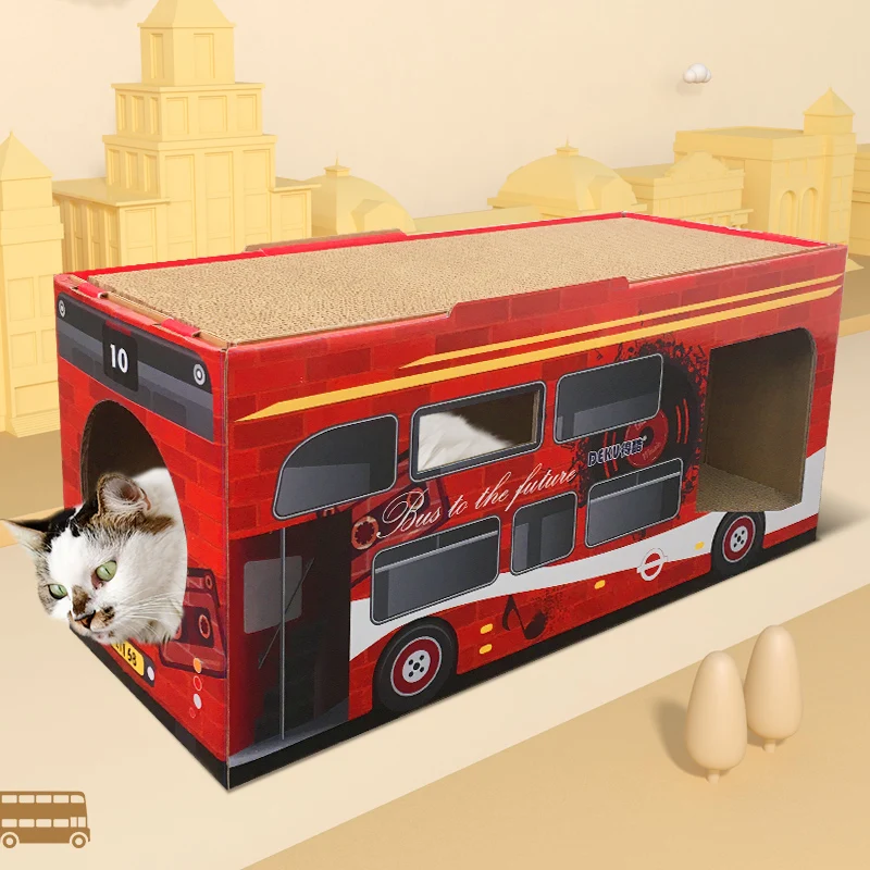 Deku Scratching Pads Cardboard Scratch Lounge Bus Shape Cat House  with Catnip Free