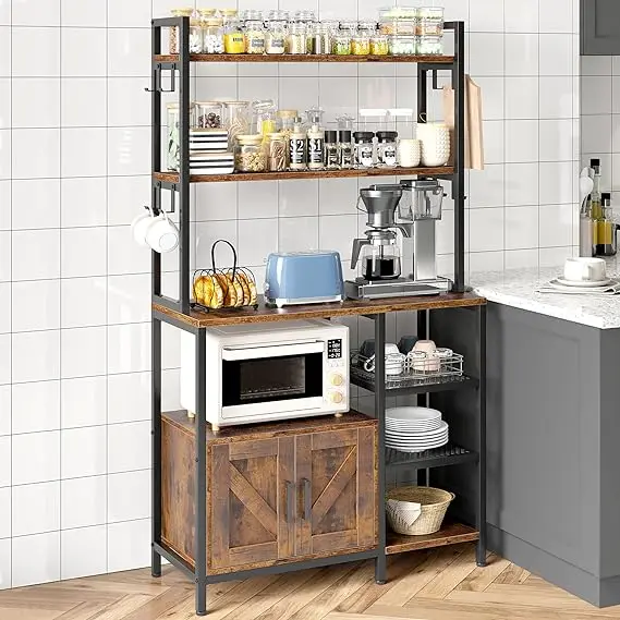 DX Bakers Rack 6 Tier Coffee Bar with Cabinet and 8 Side Hooks, Bakers Racks for Kitchens with Storage, Large Capacity Microwave