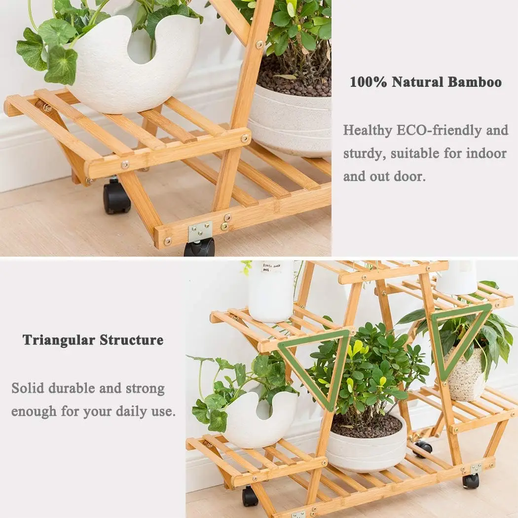 Modern Vintage Design Bamboo Rolling 6 Tier Plant Stand Rack Multiple Flower Pot Holder Shelf I Planter Display shelf