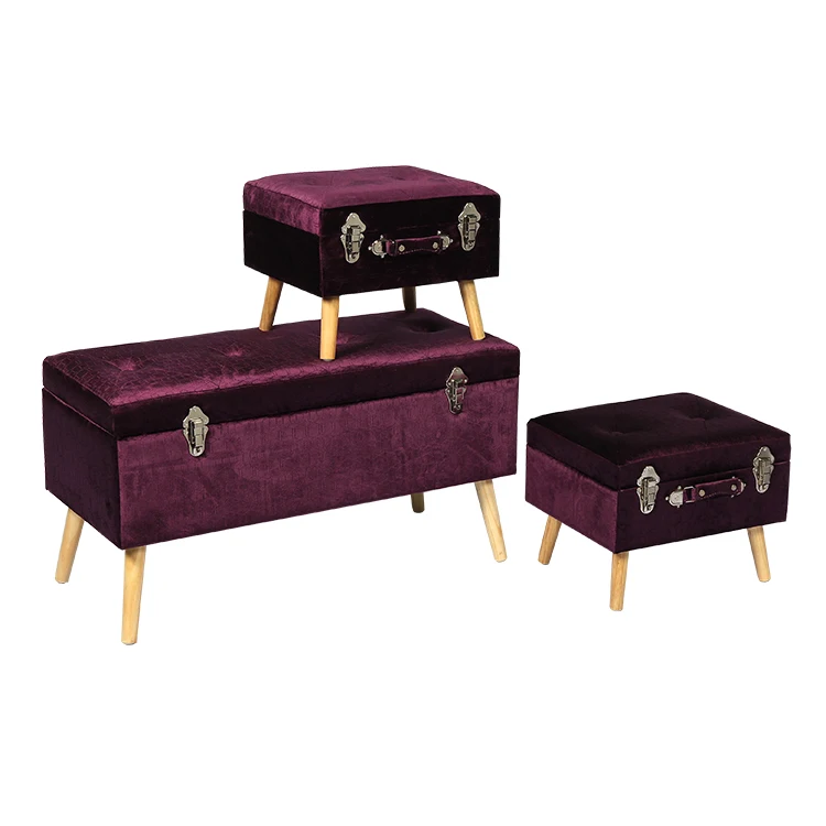 Free Sample Design Bench Purple Velvet Ottoman Storage Wood Legs with Natural Color