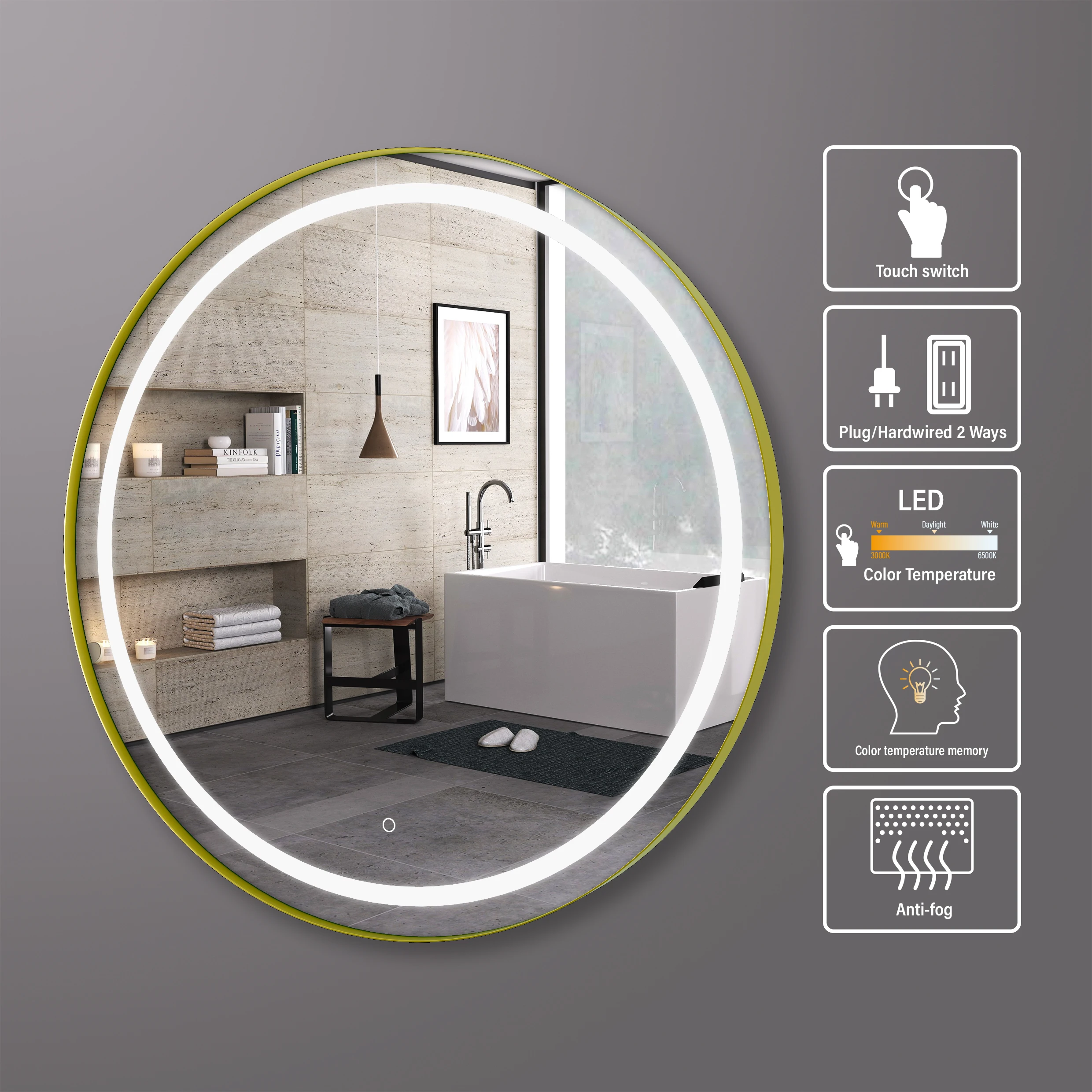 SMD2835 LED Round Bathroom Mirror / Gold Frame Round Mirror with Led Lights