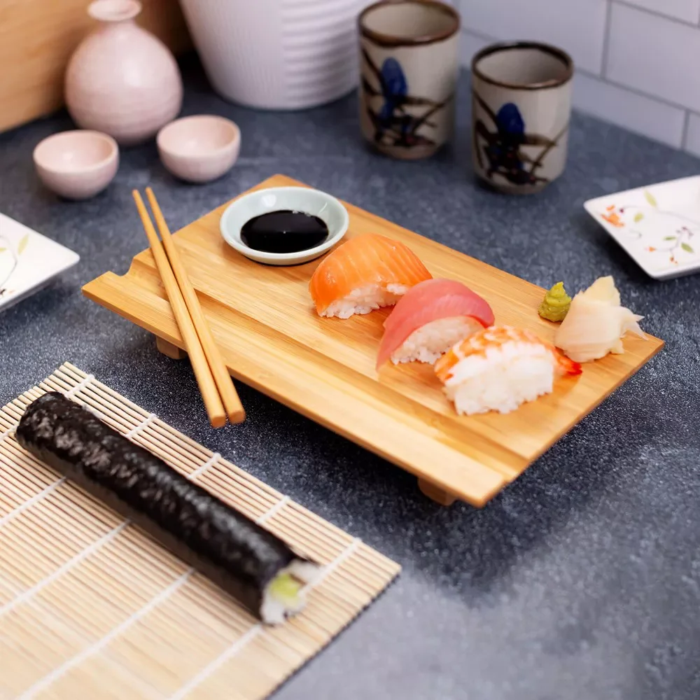 Wooden Sashimi Sushi Bamboo Serving Geta Plates Bamboo Sushi Board Cutting Tray set Japanese Style Tableware