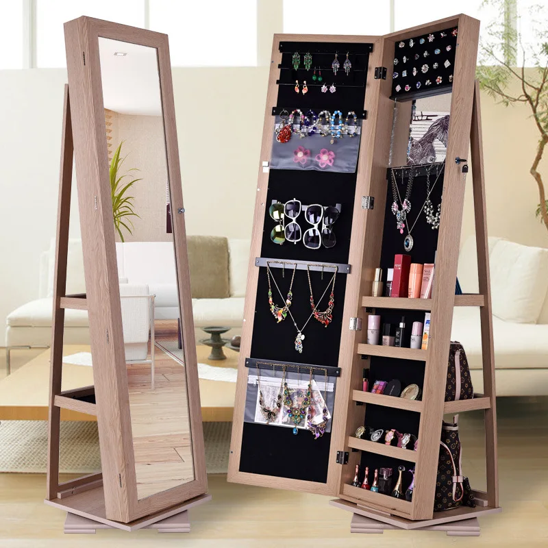 360 Degree Free-standing Revolving Mirror Cabinet Wooden Full Body Mirror Multi Jewelry Storage Mirror Cabinet for Living Room